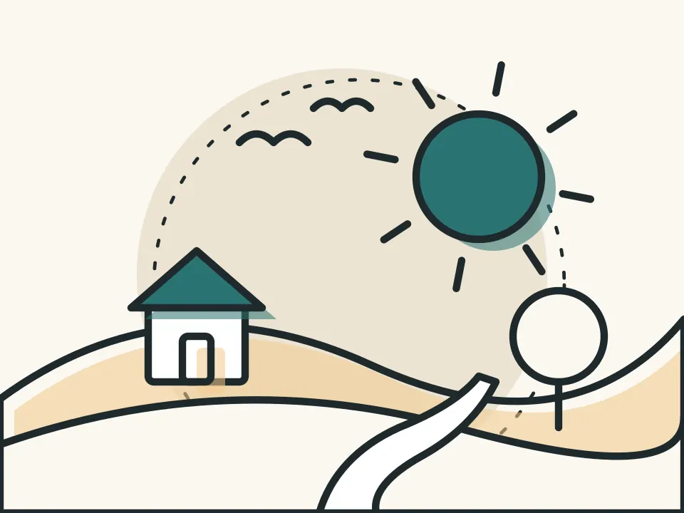 Illustration: landscape with sun, hills, path and a small house