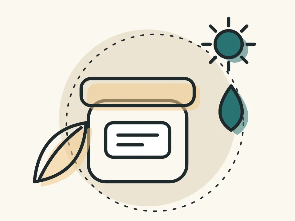 Illustration: skincare jar, water drop and sun