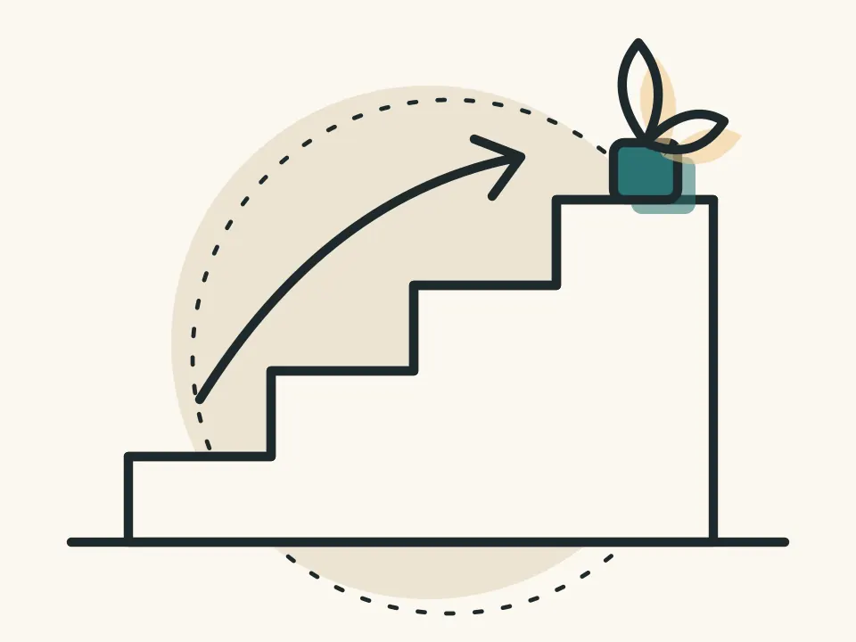 Illustration: staircase with an upward arrow and a plant