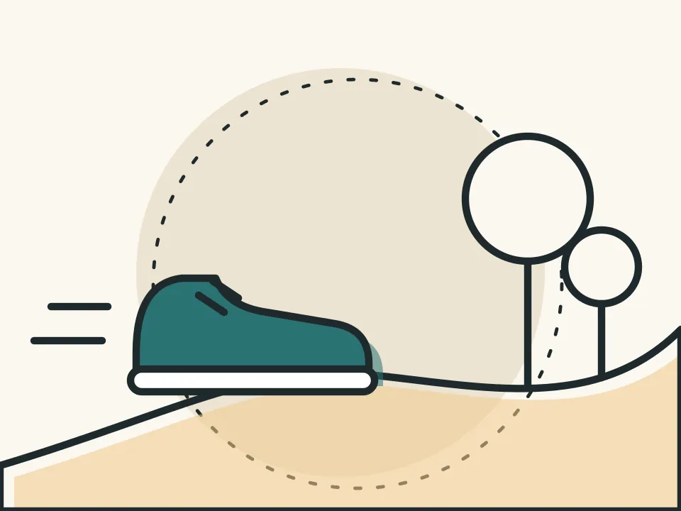 Illustration: walking shoe on a path between trees